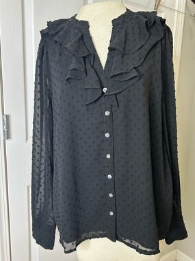 Crew Black Ruffle Front Swiss Dot Blouse Size L (New with Tags)